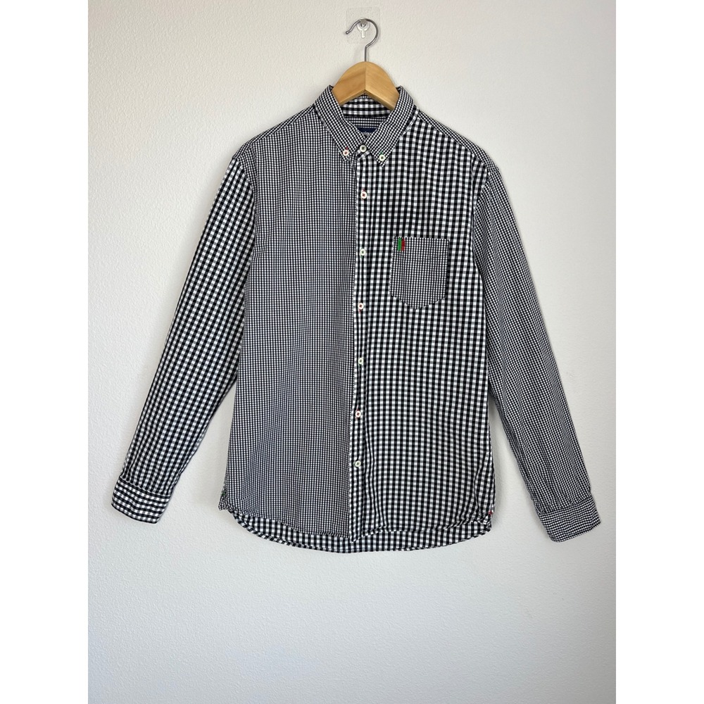 Desigual‎ Sz L Mixed Gingham Button Down Shirt Black White Patchwork Boho
